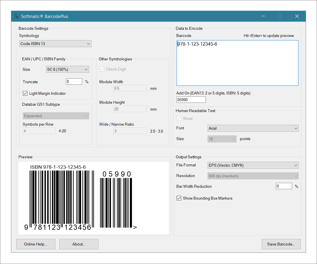 Screenshot of Softmatic Barcode Software creating ISBN 13 barcode